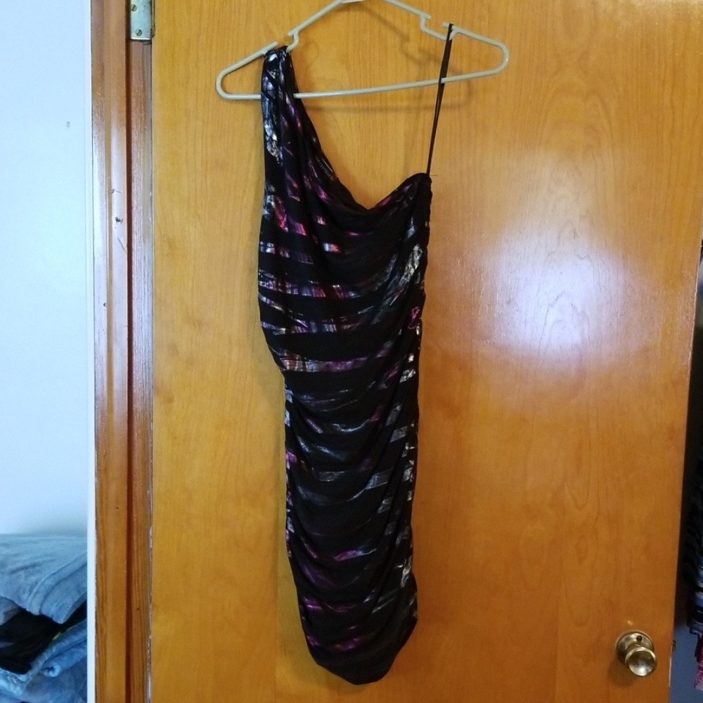 Black, silver, and purple dress